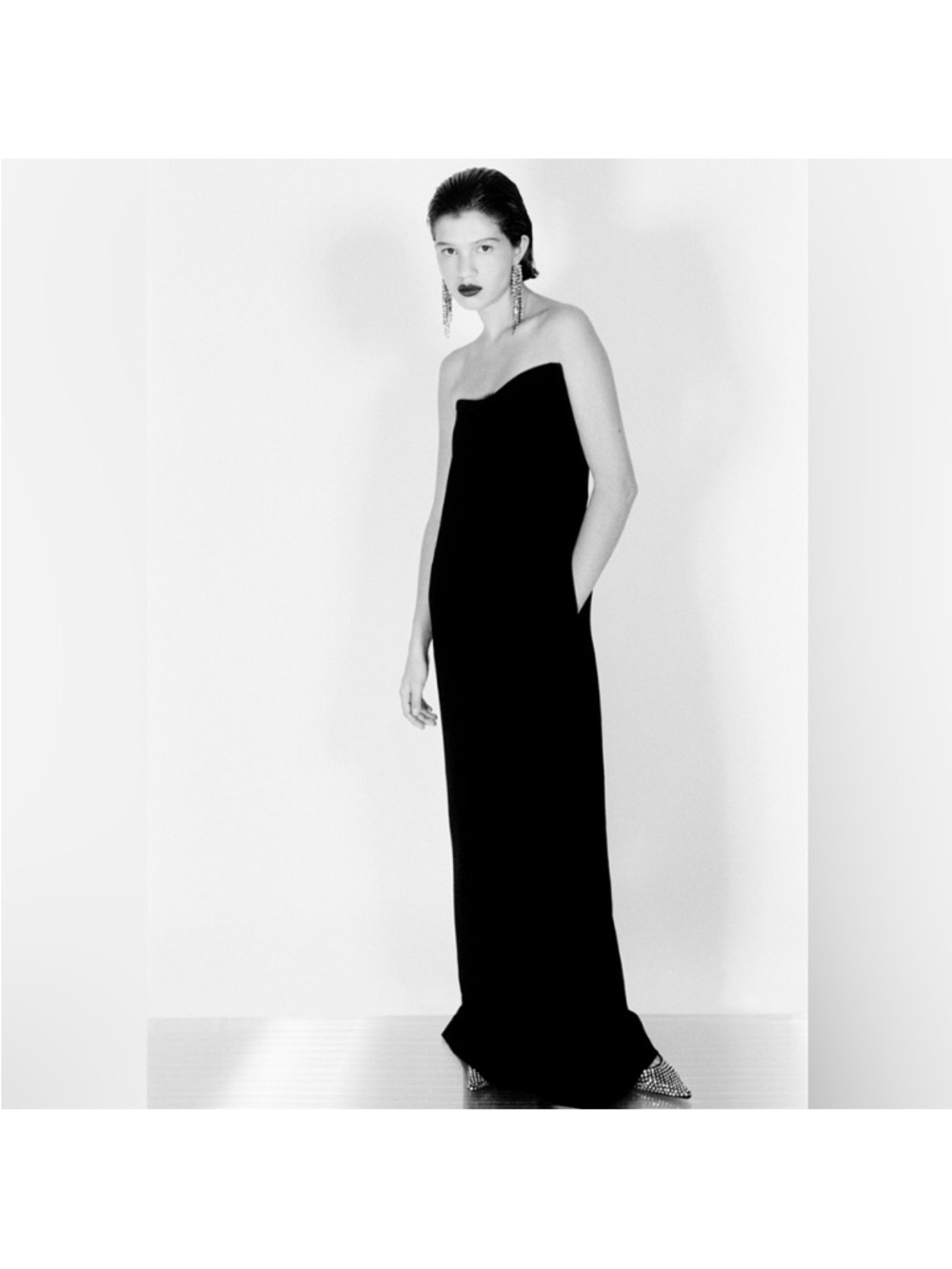 ZARA WOMAN BLACK STRAPLESS LONG FULL LENGTH DRESS asymmetrical Neckline - Picture 2 of 9